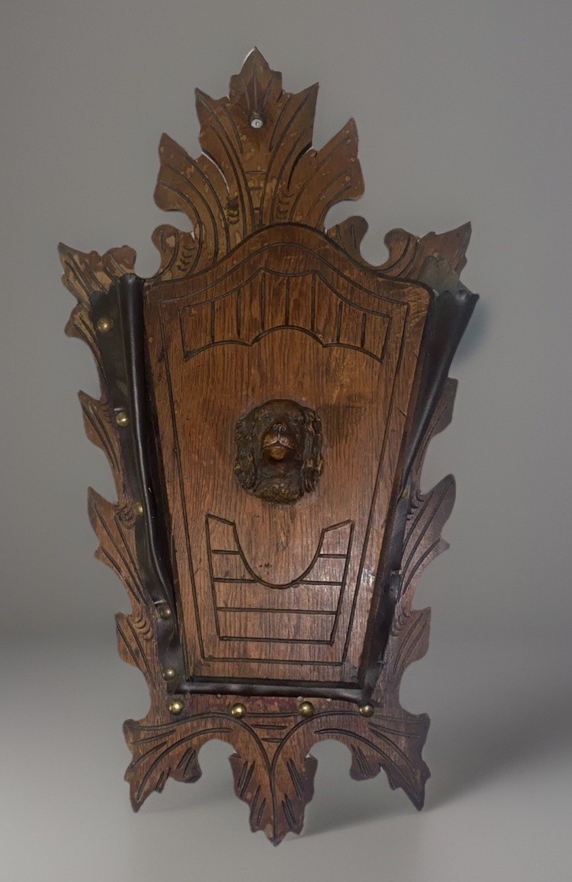 Antique Victorian Walnut Wall pocket Magazine Newspaper Rack Holder Spaniel Dog