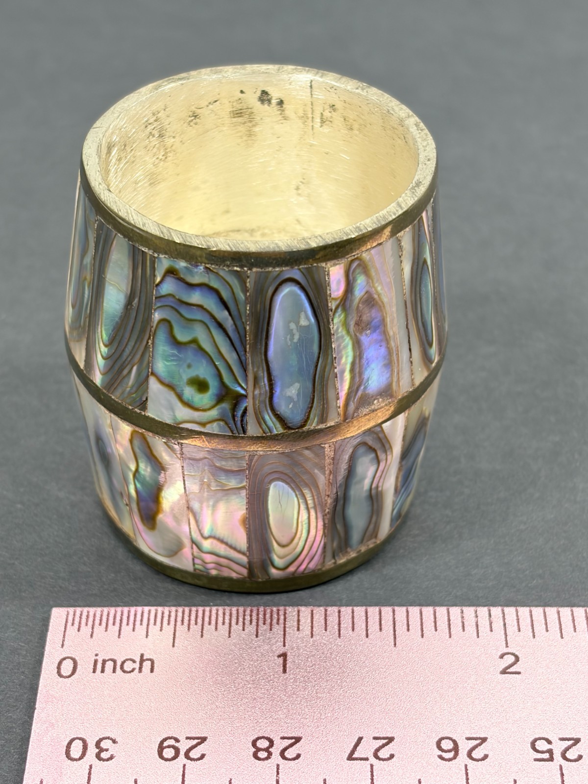 Vintage Brass and Abalone Barrel Shaped Shell Shot Glass Made in Mexico