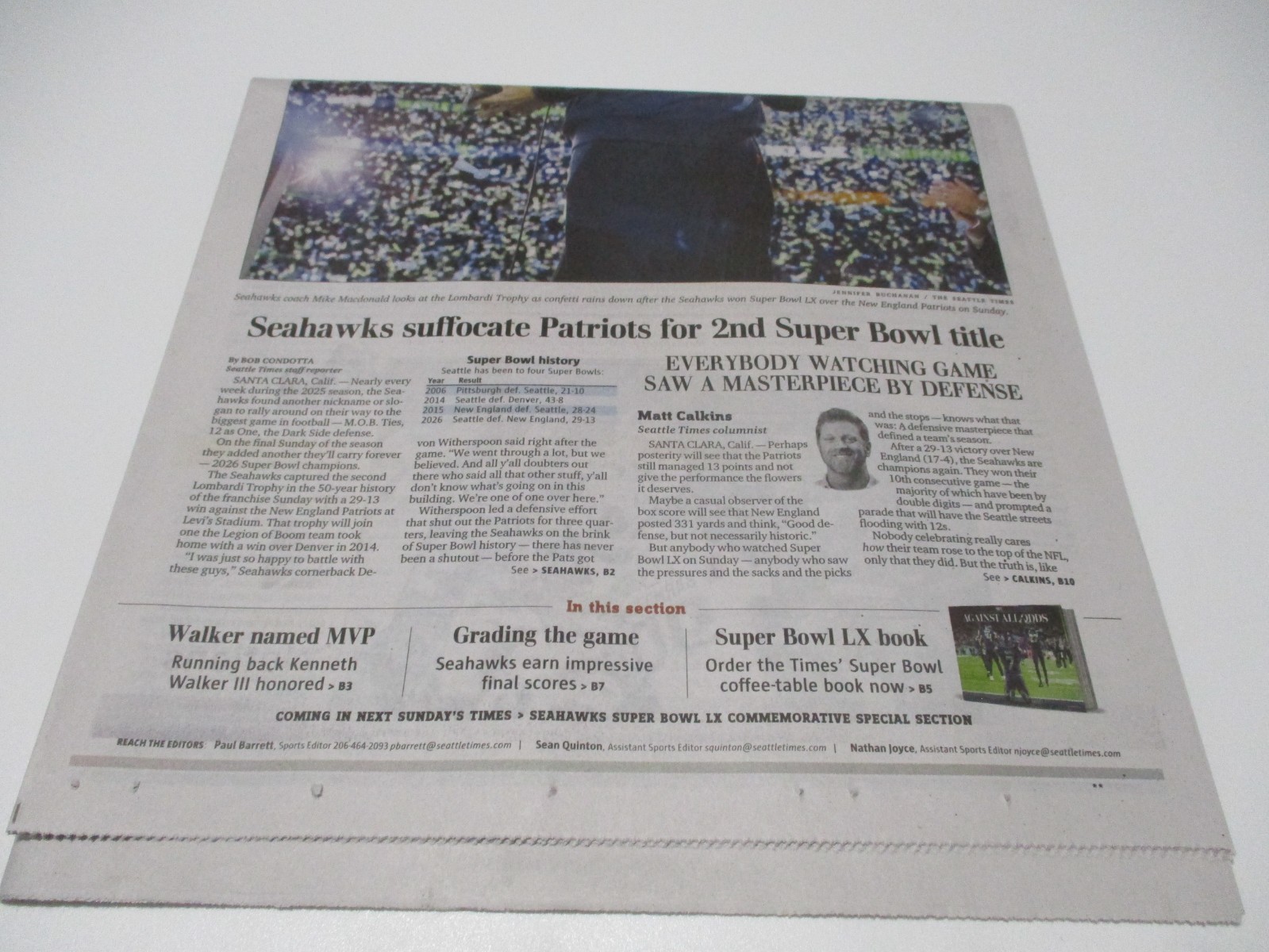 Seattle Seahawks Super Bowl Champs Full Newspaper, New