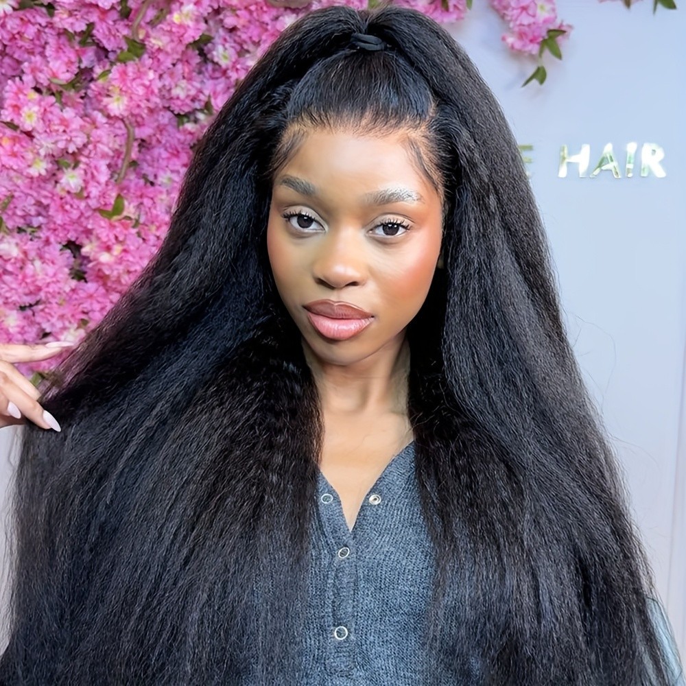 Long Natural Black Yaki Straight Lace Front Wigs Pre Plucked for Women Daily Use