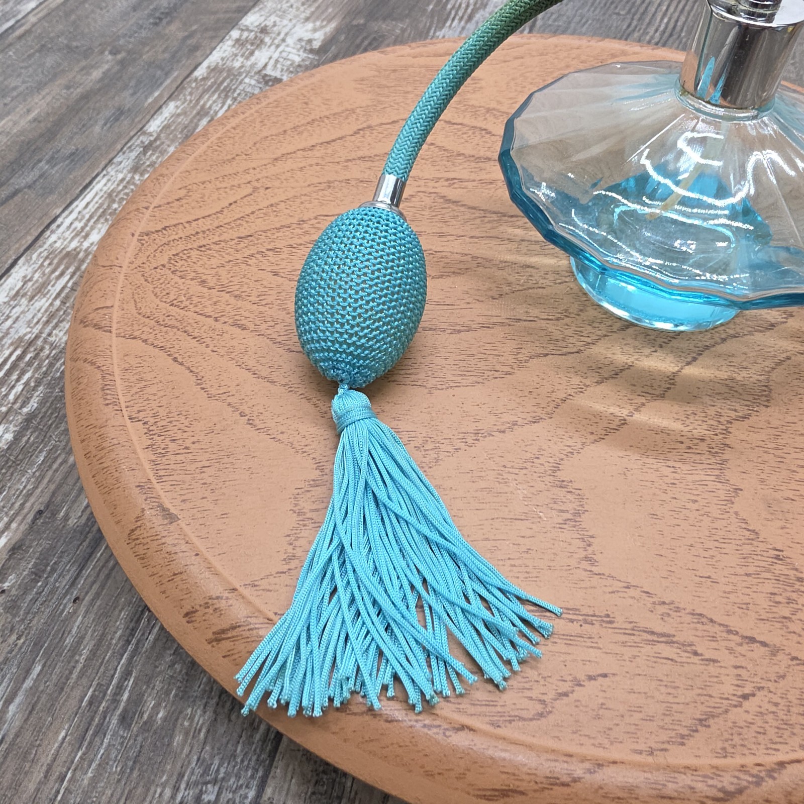 Vintage 4" Diameter Blue Perfume Bottle Atomizer With Tassle Glamor Era