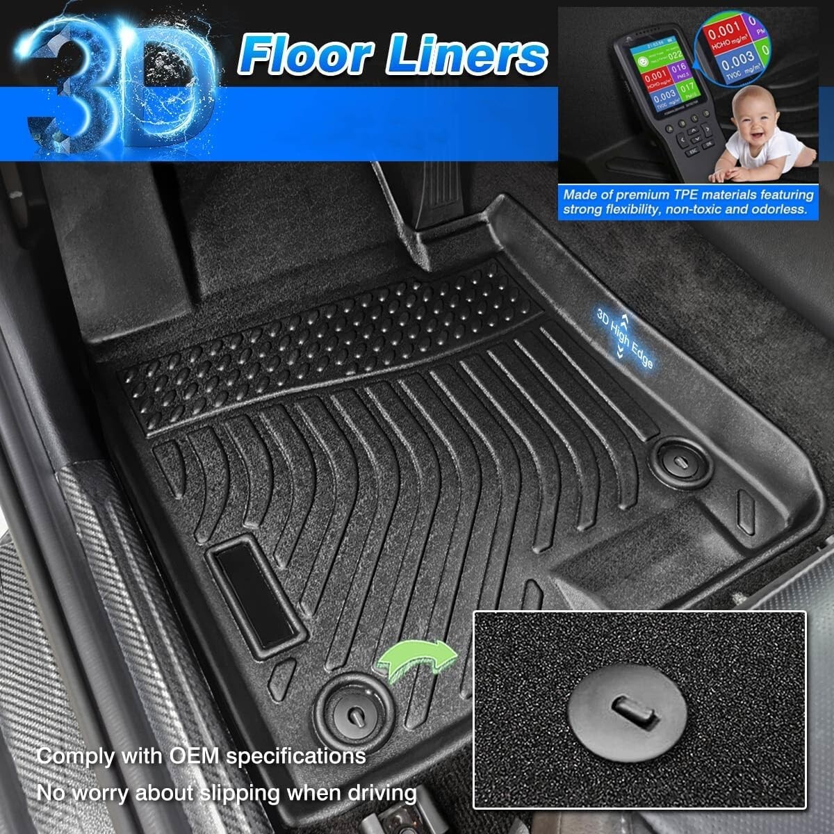 All Weather Floor Mats for 2021-2024 Hyundai Elantra 3D TPE Rubber Liners 3PCS