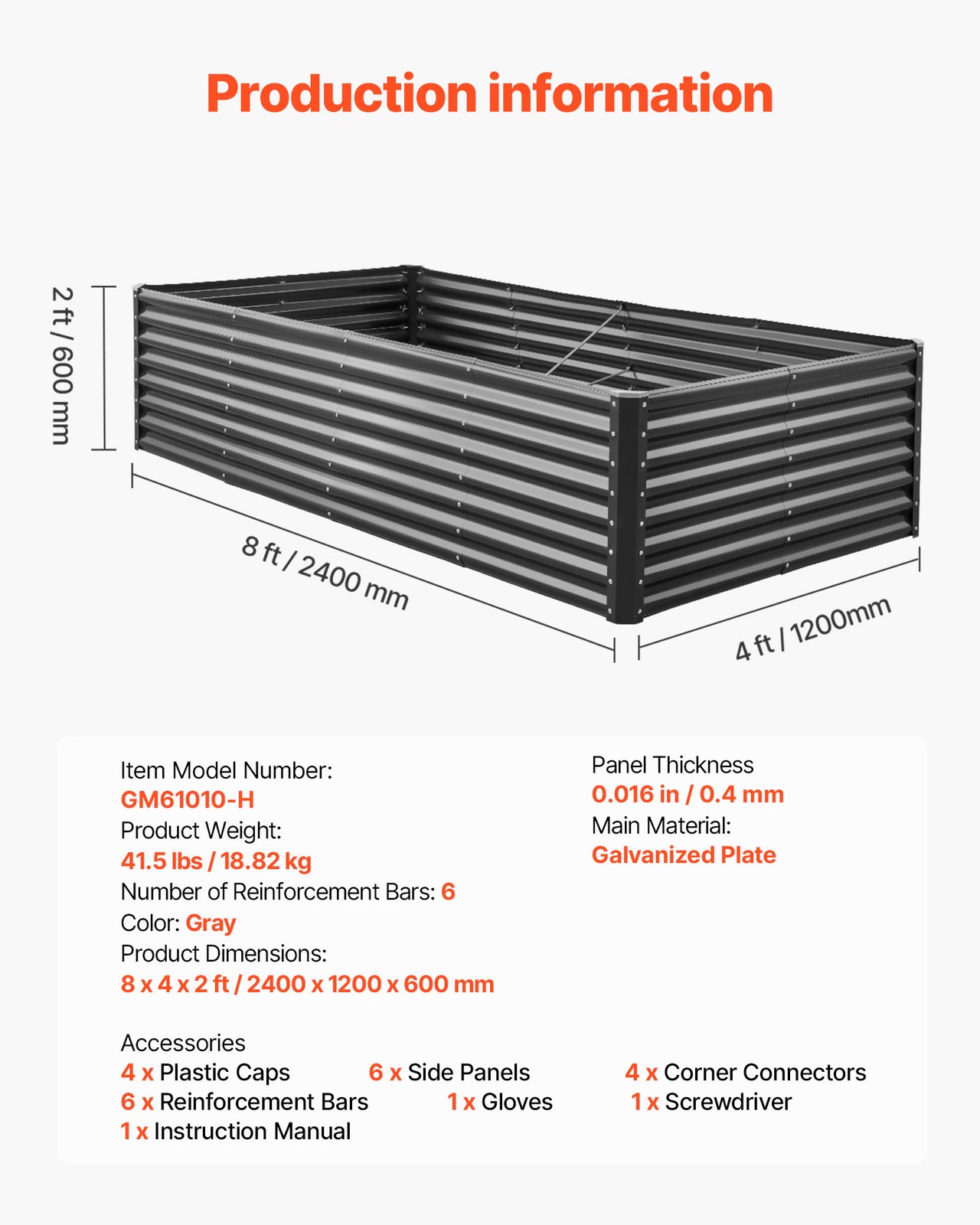 VEVOR Metal Raised Garden Bed Galvanized Planter Box 8x4x2 ft Outdoor Dark Gray