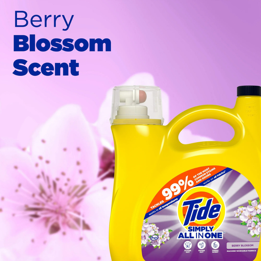 Tide Simply Laundry Detergent Liquid, Berry Blossom Scent, 117 fl oz, 89 Loads