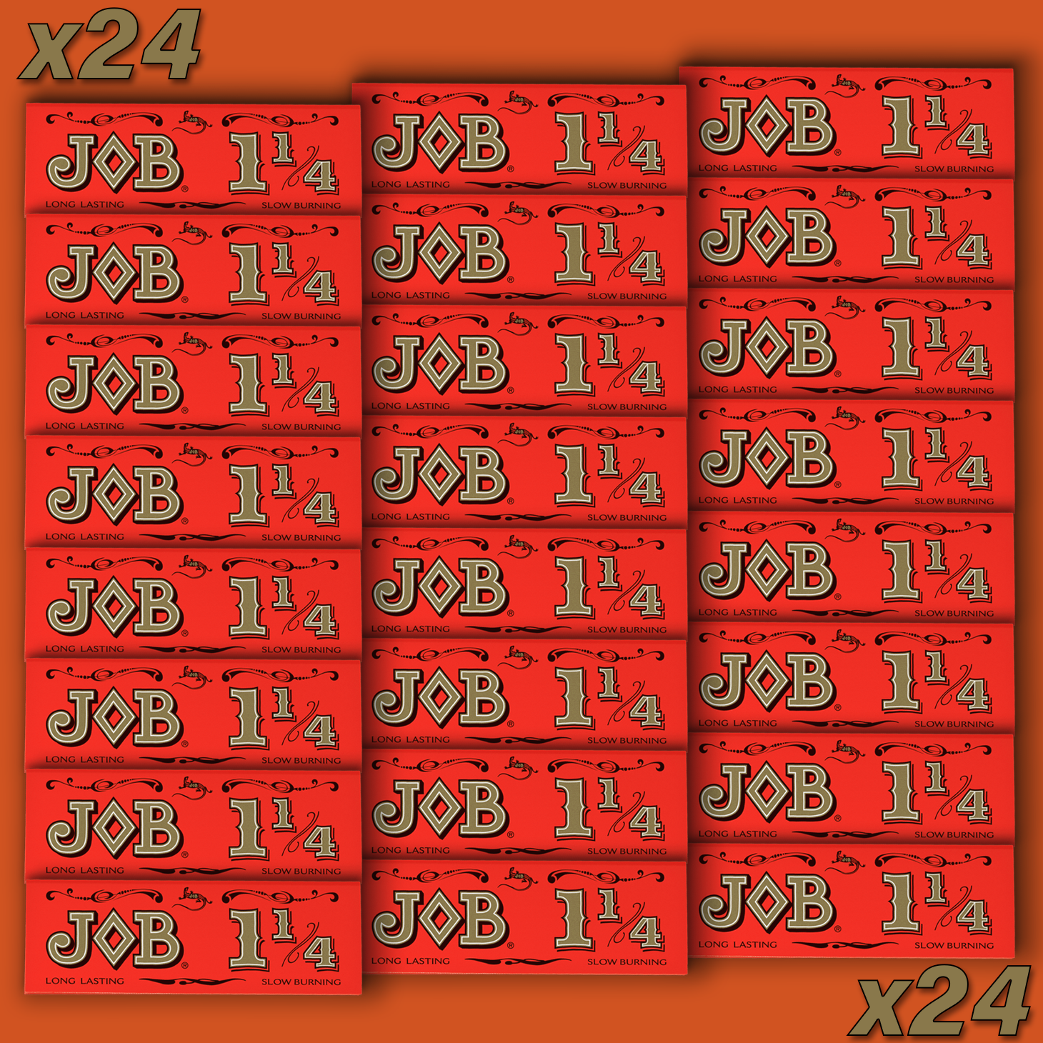24 Packs JOB Rolling Papers 1 1/4 Orange Red Slow Burning Cigarette Papers