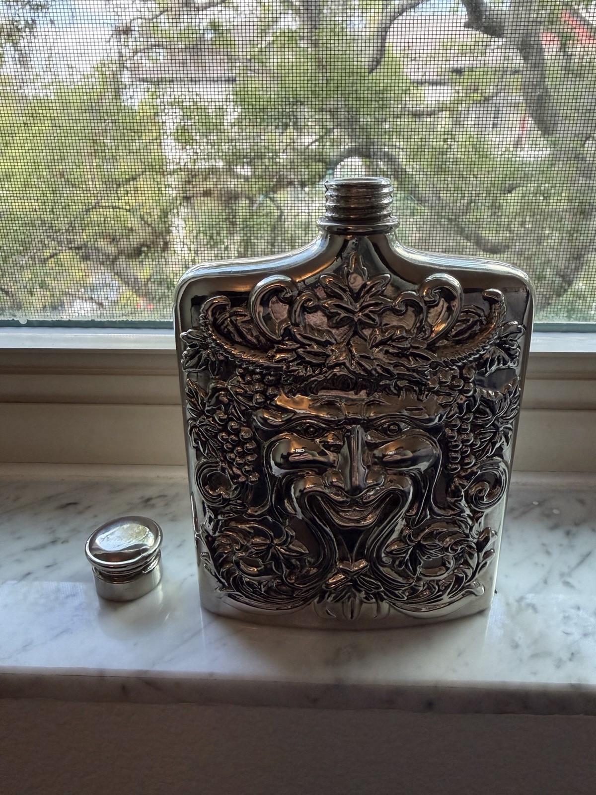 Vintage 1983 Godinger Silver-Plated Bacchus Hip Flask