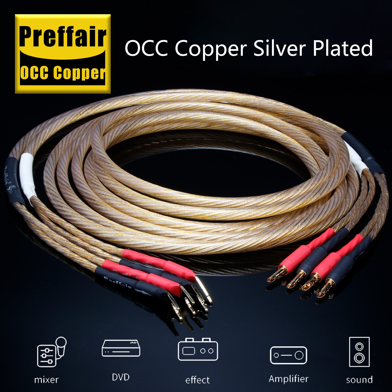 8Core Preffair OCC Copper Silver Plated Speaker Cable Gold Plated Plugs