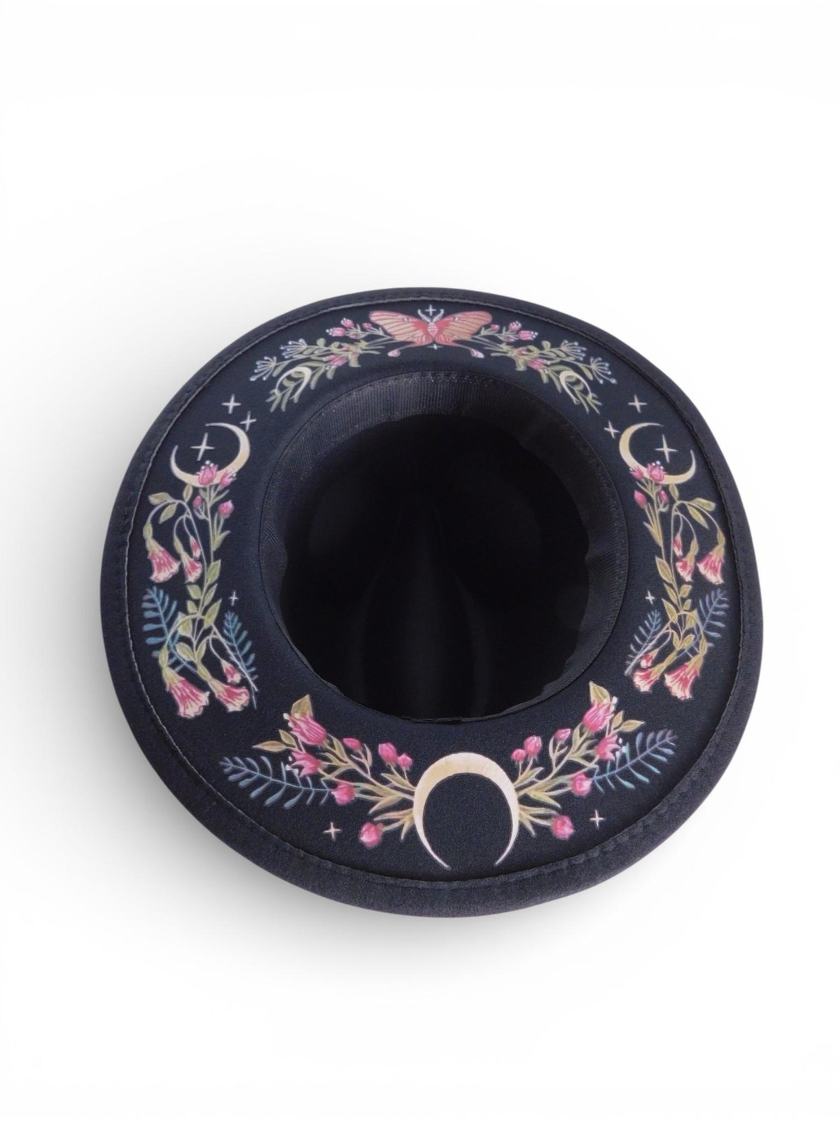 Wide Brim Fedora Hat Womens 7 1/8 Black Embroidered Butterfly Moon Floral Boho