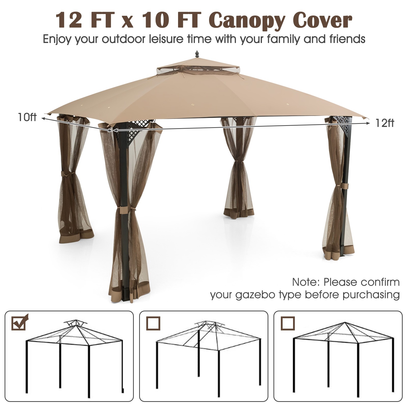 10' x 12' Patio Gazebo Replacement Top Cover 2-Tier Canopy CPAI-84 Outdoor Brown
