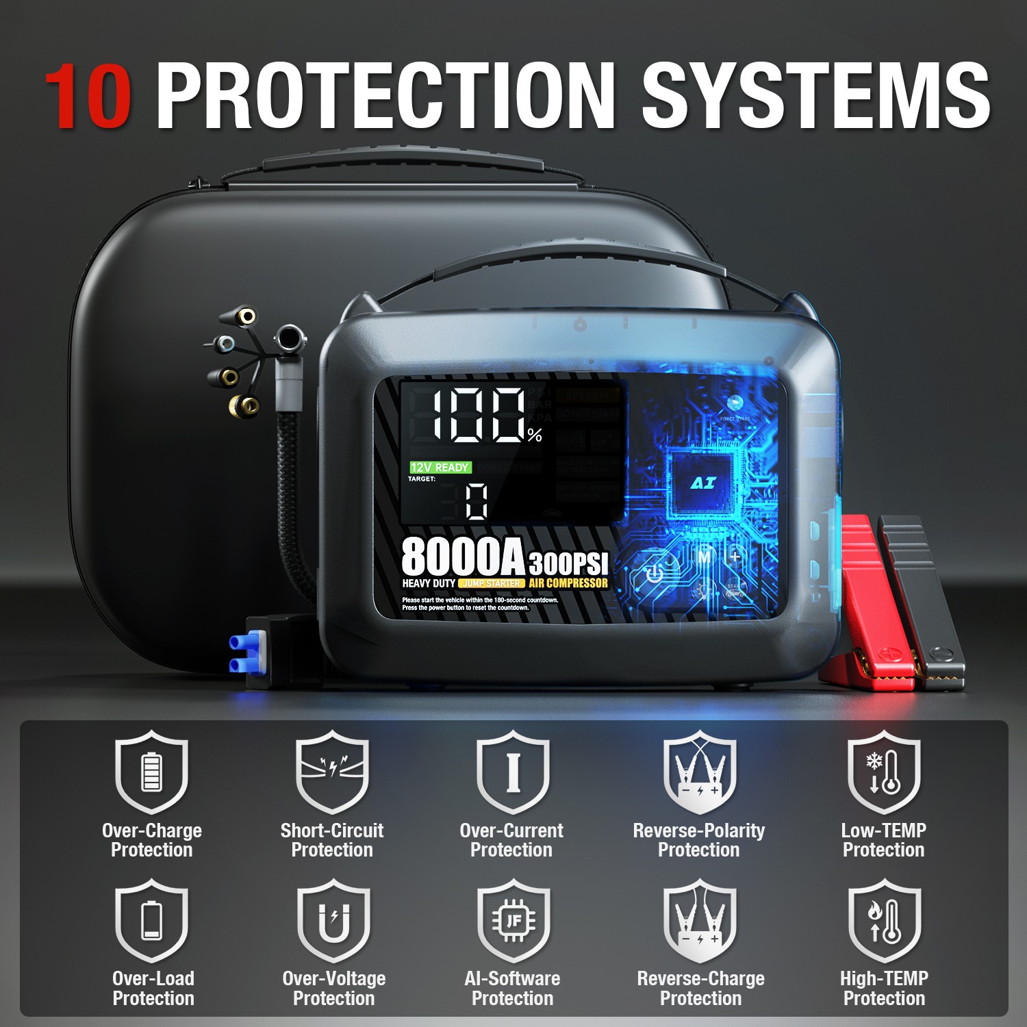 Truck Heavy Duty 8000A Jump Starter with Air Compressor Power Bank Battery Safe