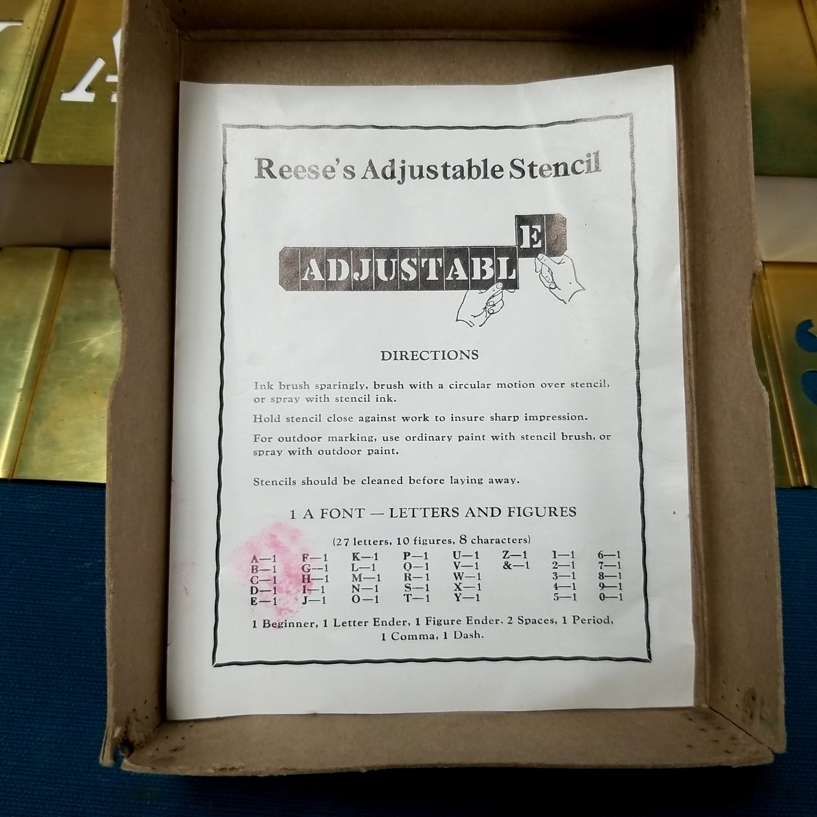 Vtg Box Set Reese Adjustable Lockedge Brass Stencils #63 620211-10062