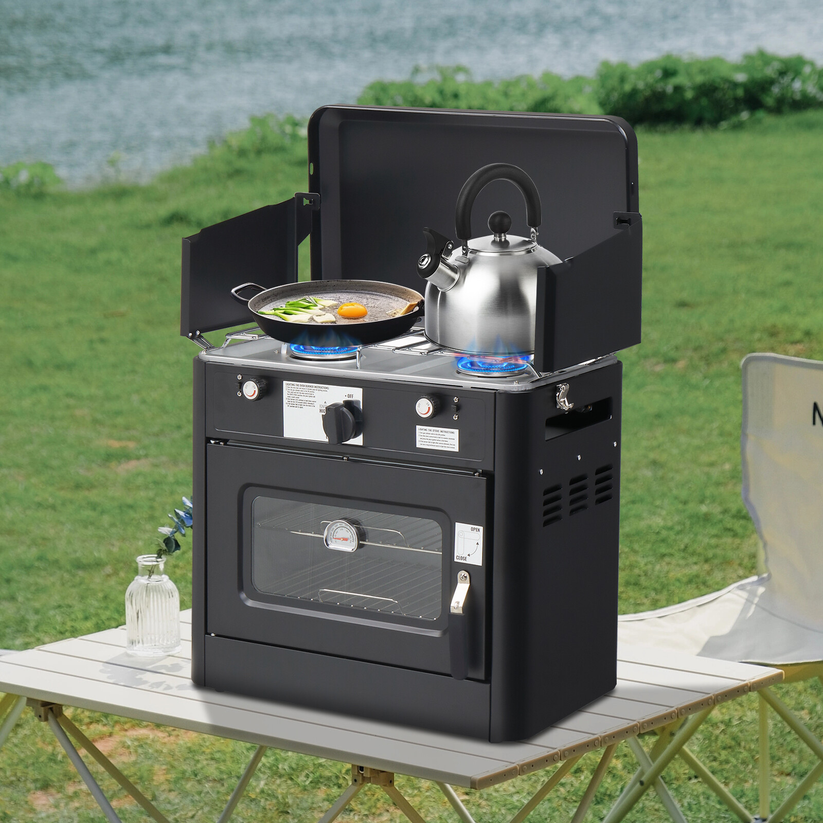 2-in-1 Portable Outdoor Camping 2 Burner Stove Propane Oven with Piezo Lgniter