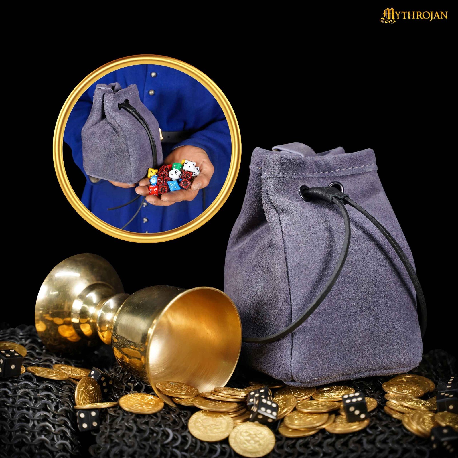 Medieval Belt Pouch Renaissance Accessories Suede Bag for LARP Cosplay - Blue