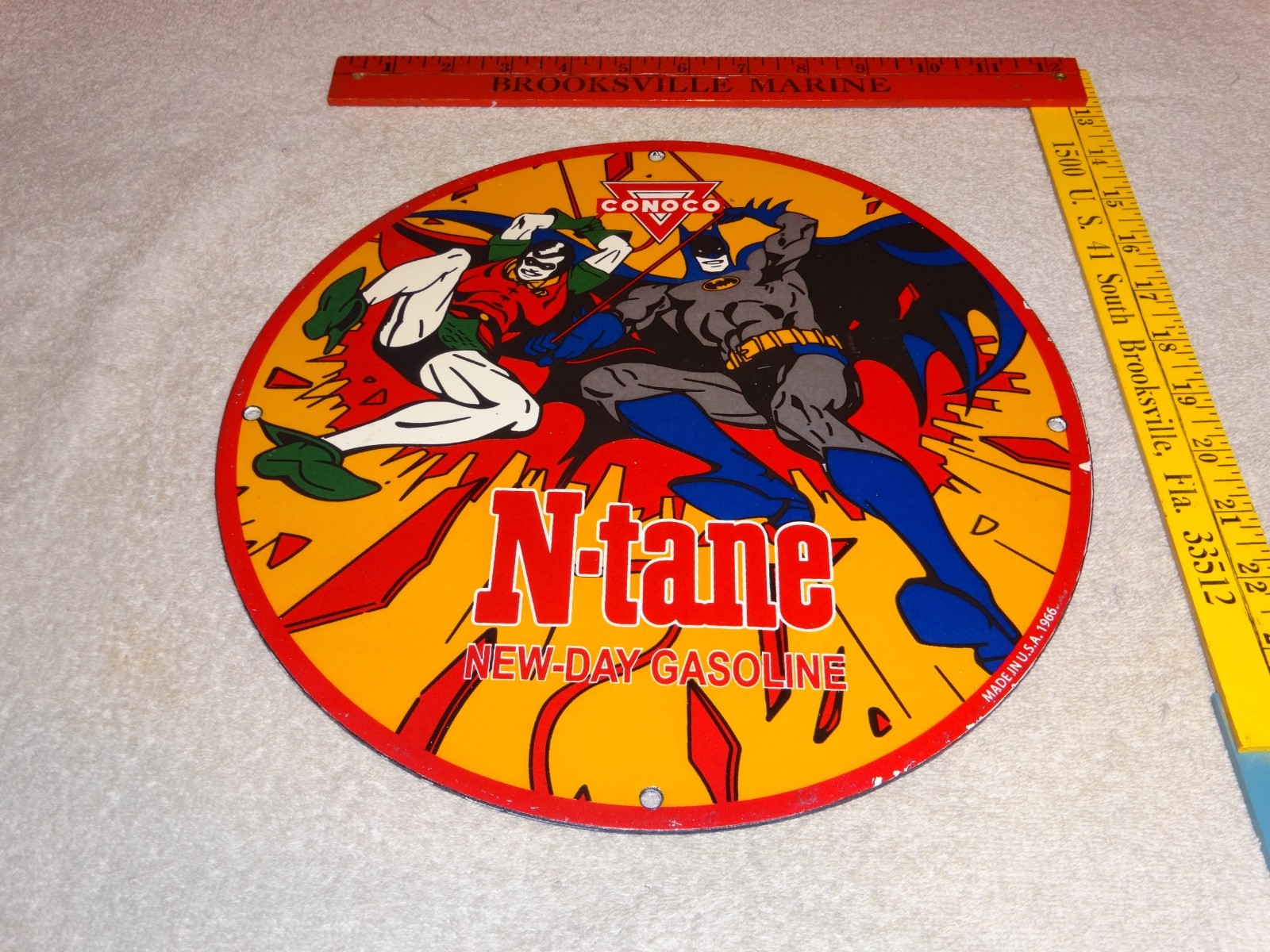 VINTAGE 1966 CONOCO GASOLINE W/ BATMAN & ROBIN 11 3/4" PORCELAIN METAL OIL SIGN!