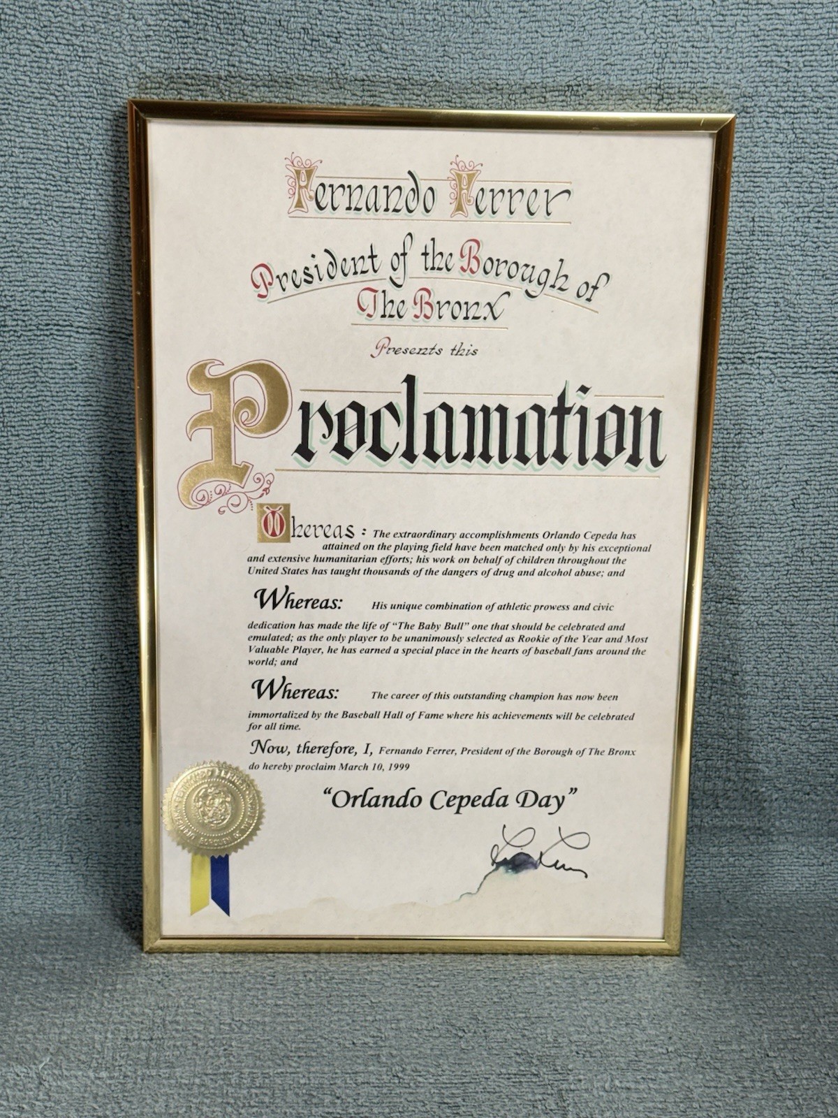 Orlando Cepeda Personally Owned Bronx Proclamation Hall of Fame Induction 1999