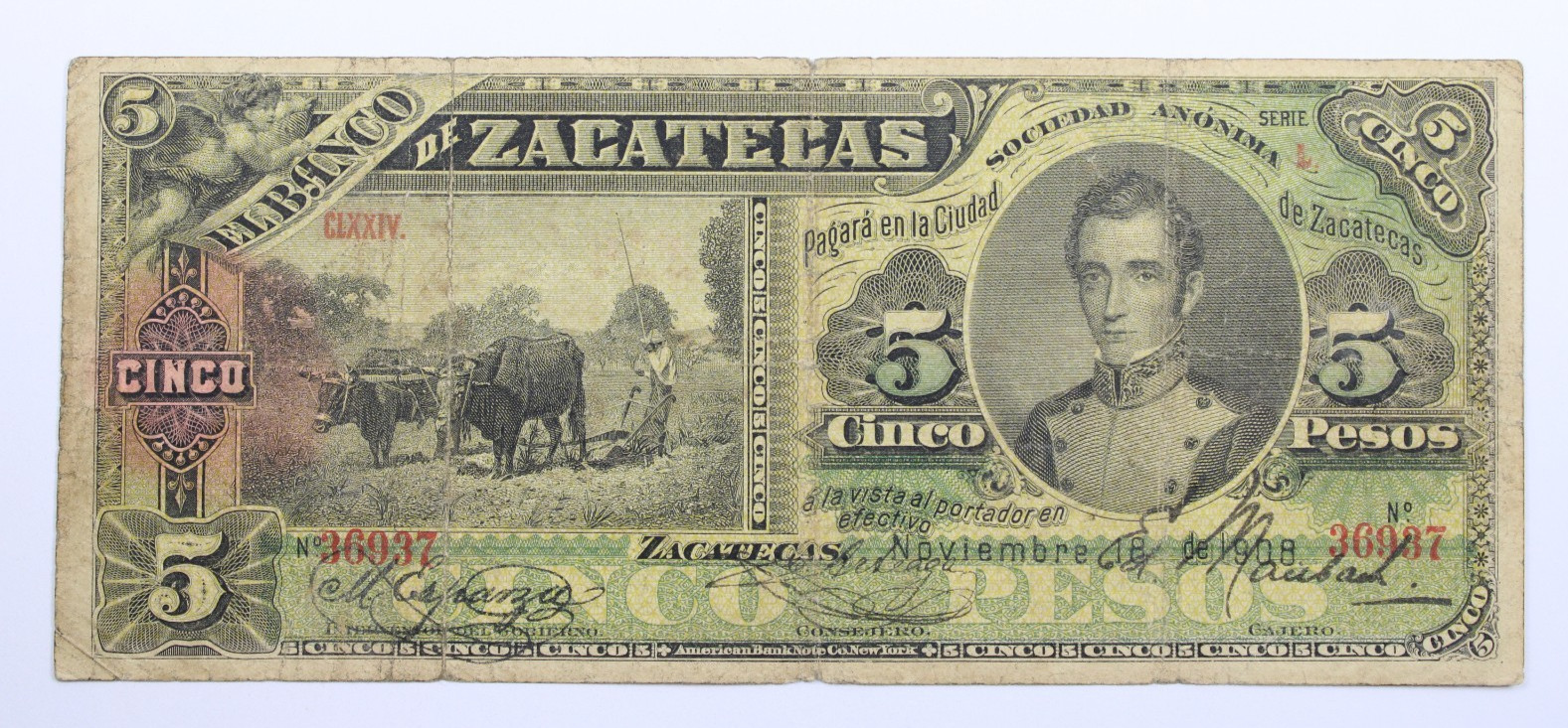 Mexico 5 Pesos, 1908 P-S475d Series L Zacatecas #0427