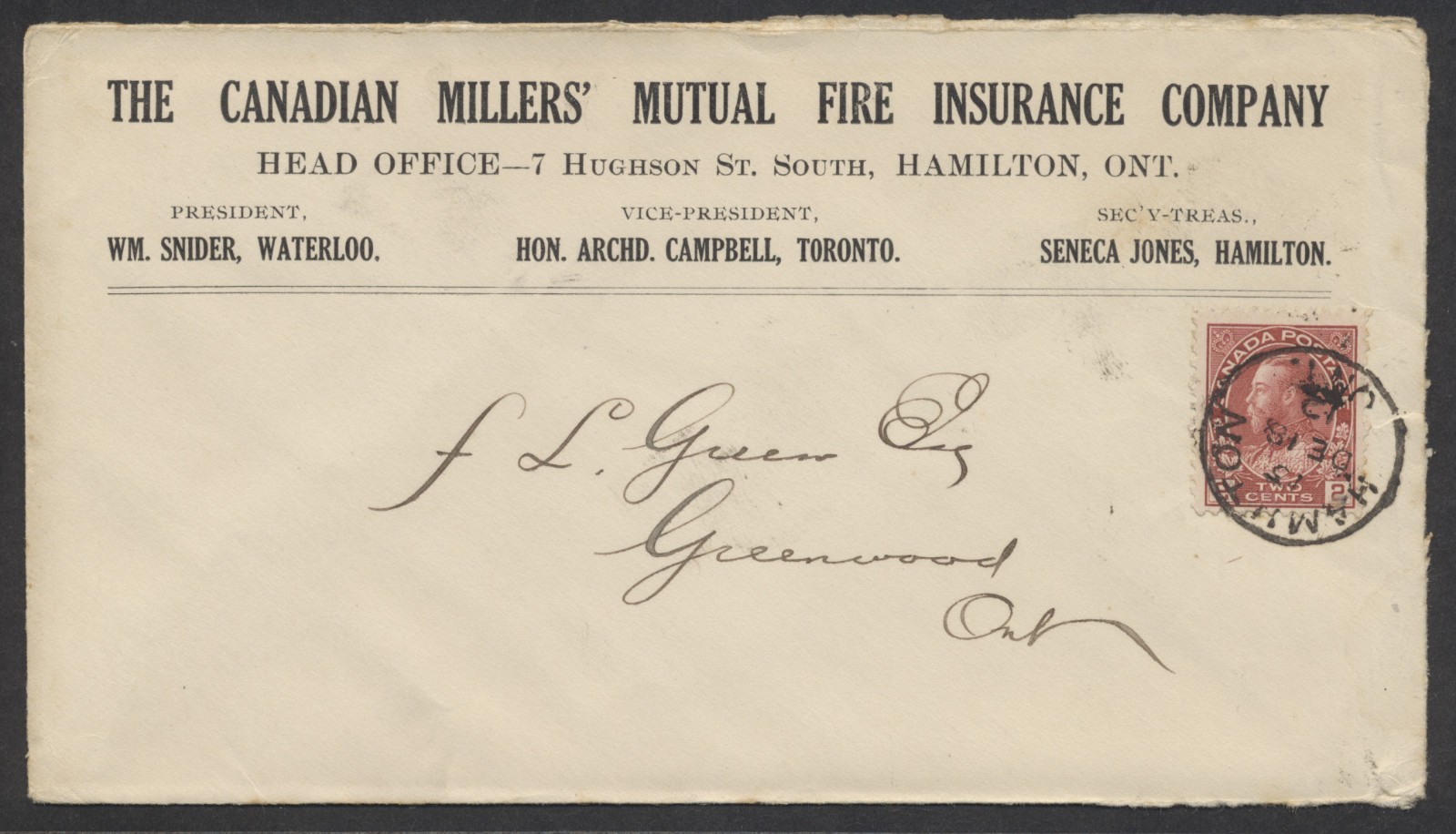 1912 Canadian Millers Fire Insurance Cover Hamilton to Greenwood ONT via Whitby