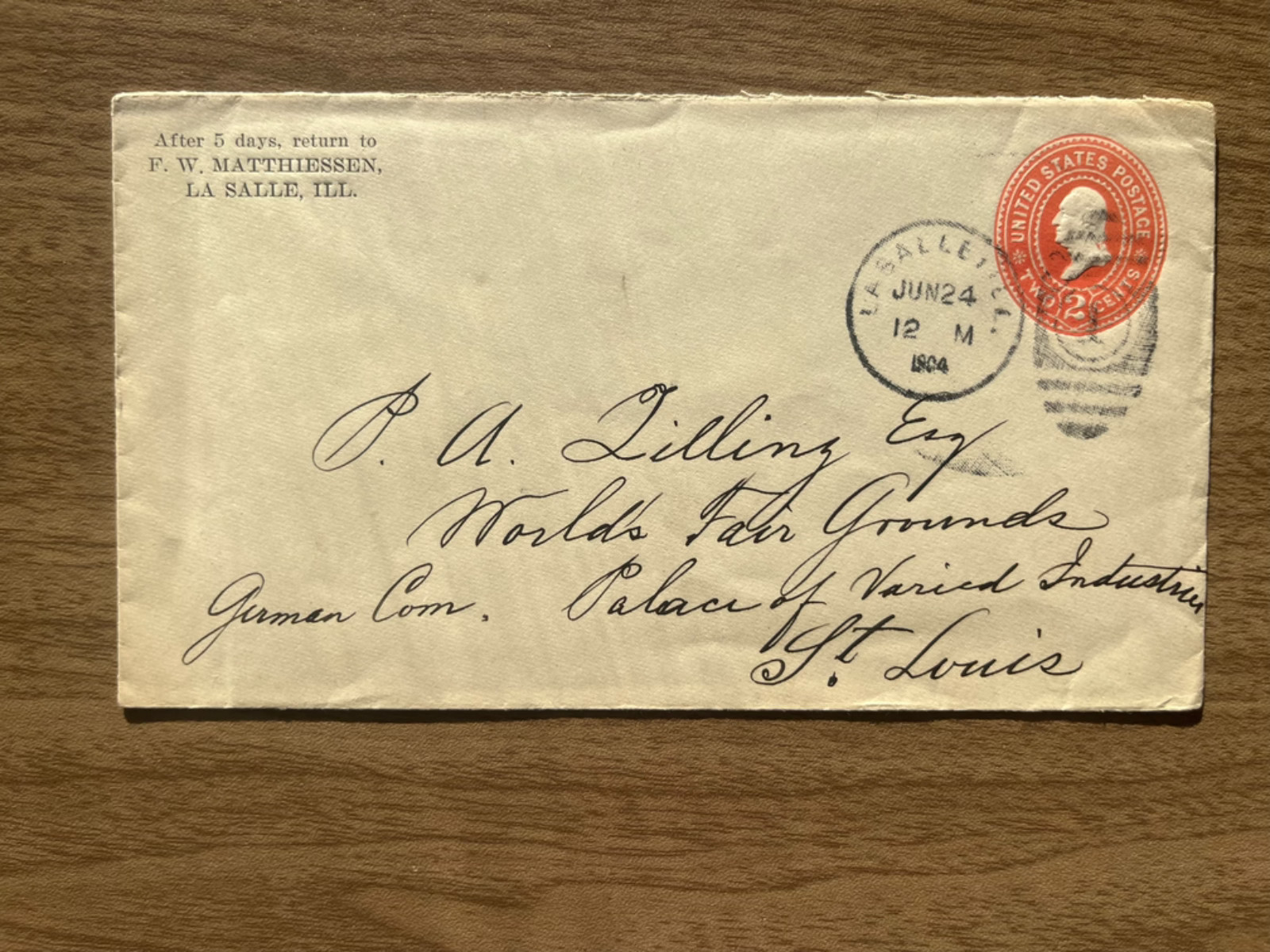 1904 USA Cover La Salle IL to St Louis MO 2c Washington Stamp Advertising Return