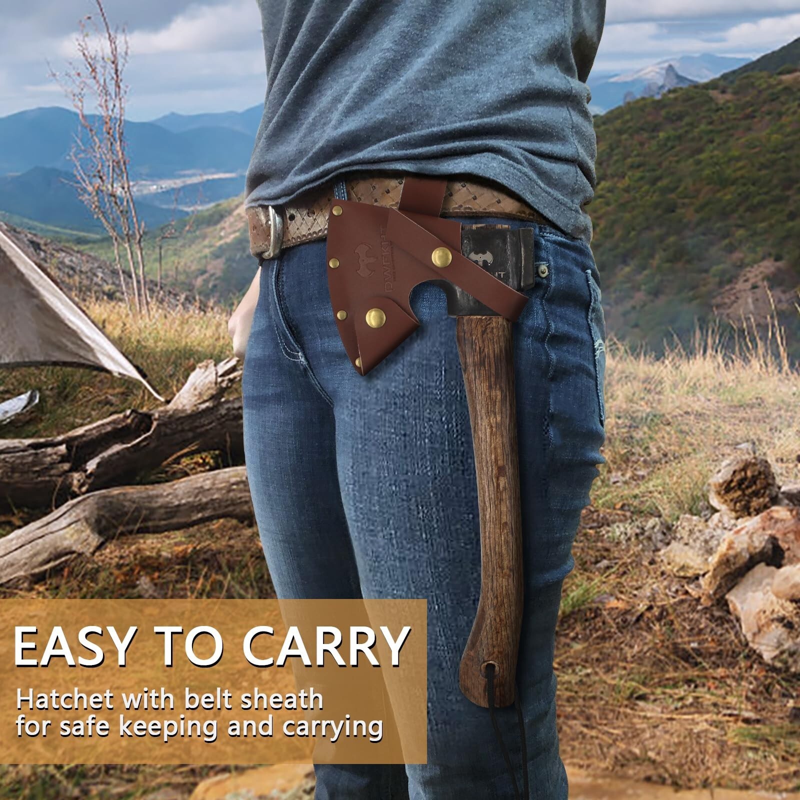 14.4" Hatchet, Camping Hatchet, Hand Forged Axe with Sheath, Bushcraft Axe wi...