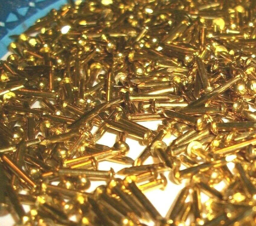 100 VINTAGE 3/8" X #17, SOLID BRASS BRAD NAILS, ROUND DOME HEAD ESCUTCHEON PINS