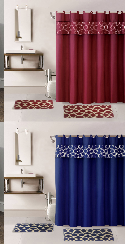 GEOMETRIC NEW PRINT DESIGN BATHROOM SET BATH MATS RUG SHOWER CURTAIN LID COVER