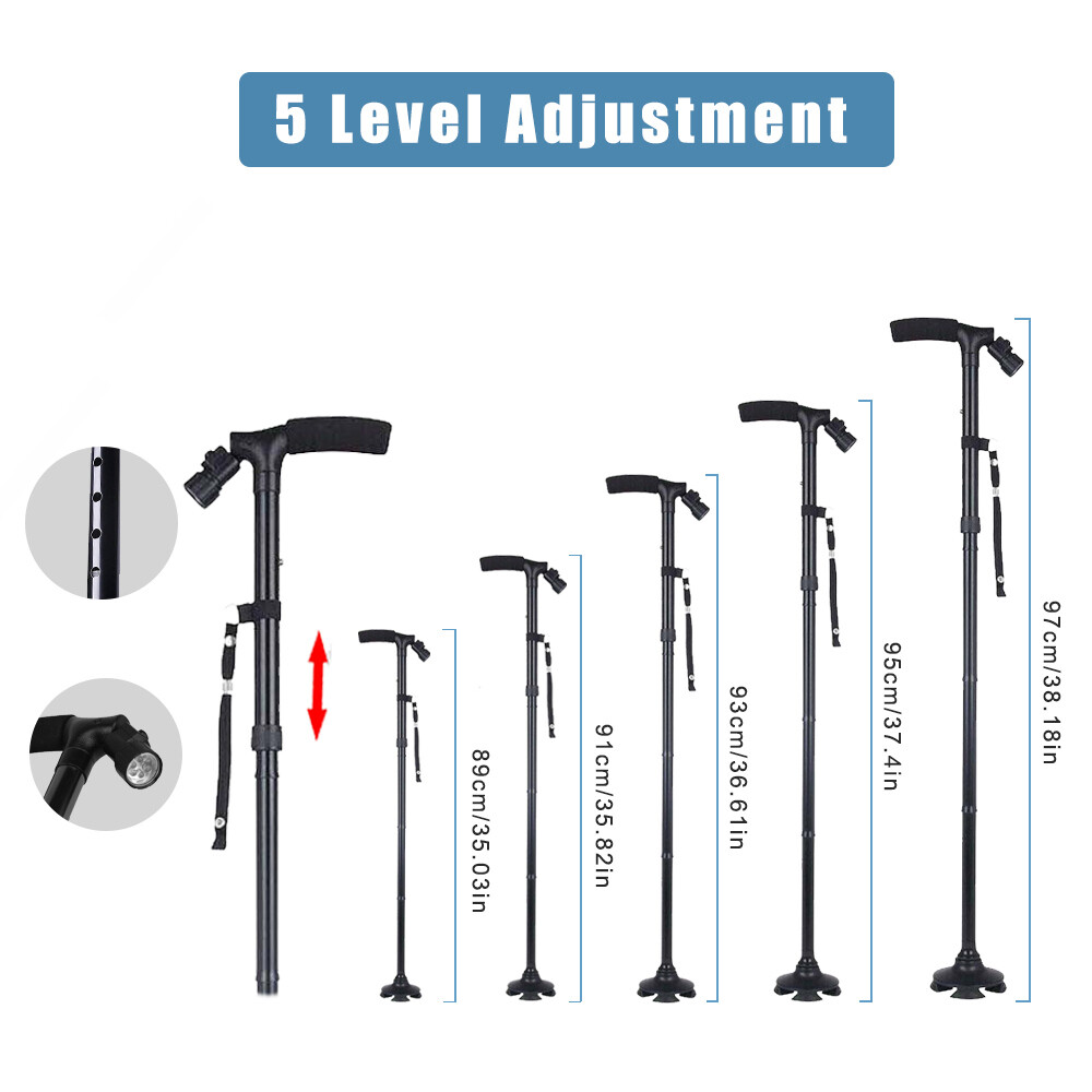 LED Folding Walking Cane for Seniors Men & Women w/ Non-Slip T Handle and Strap