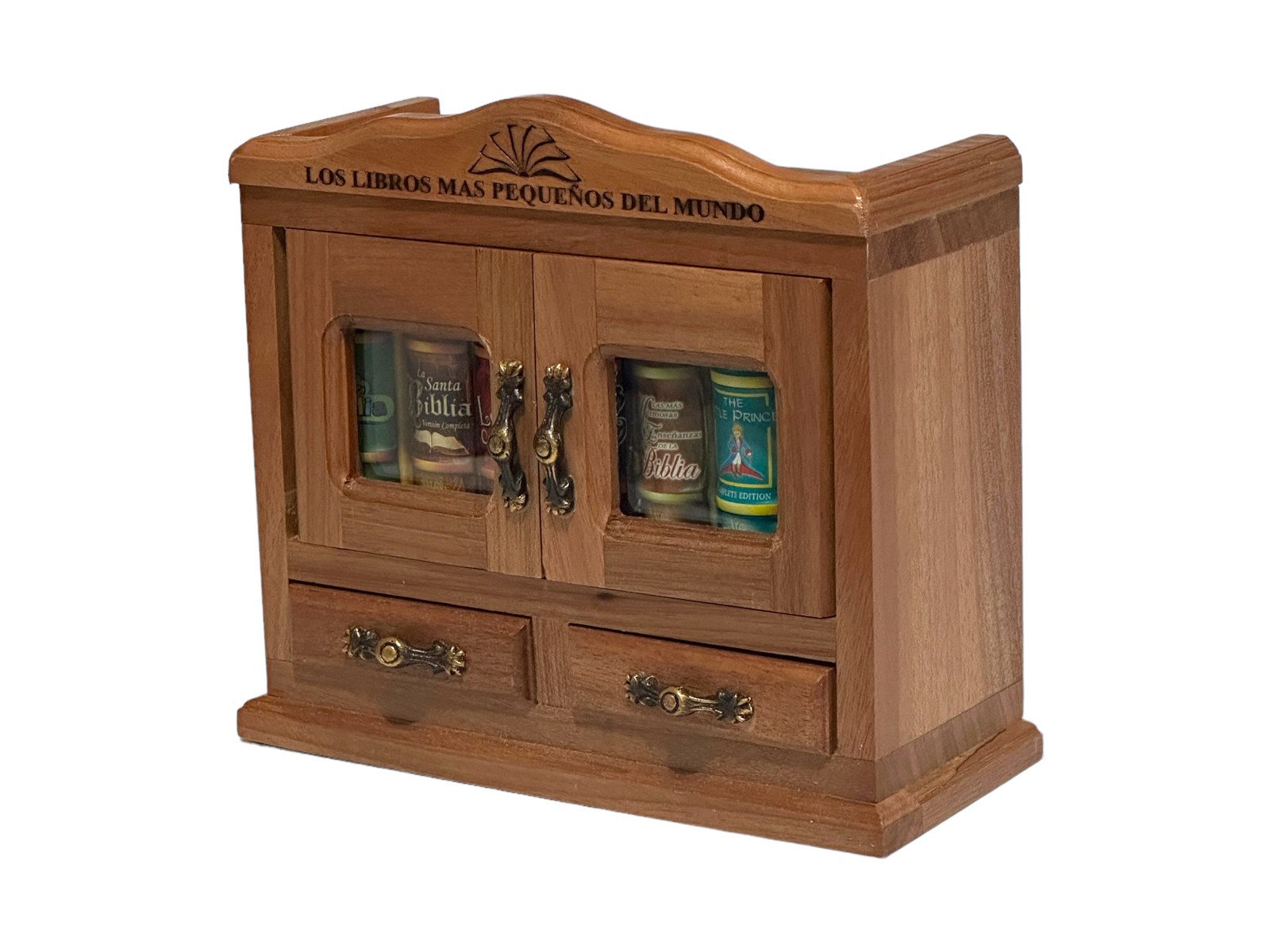 new Bookcase Armoire wood and glass, copper hinges for 7 mini books 7 inc high