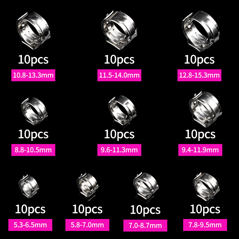 100pcs Hose Clamp Assorted Stainless Steel Ear Cinch Rings Crimp Pinch Set