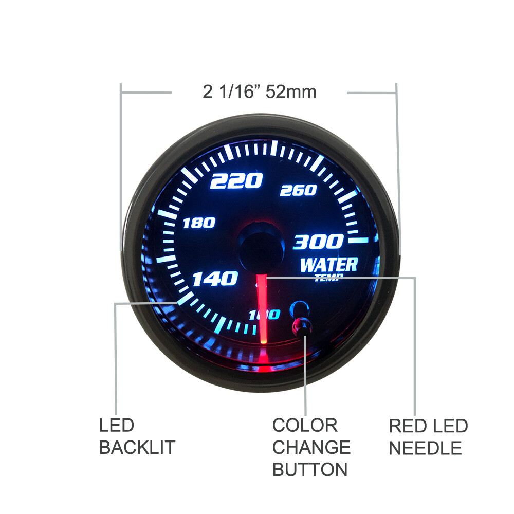 2''52mm Water Temp Gauge Meter W/ 1/8 NPT Temp Sensor 100-300℉ 7 Color LED