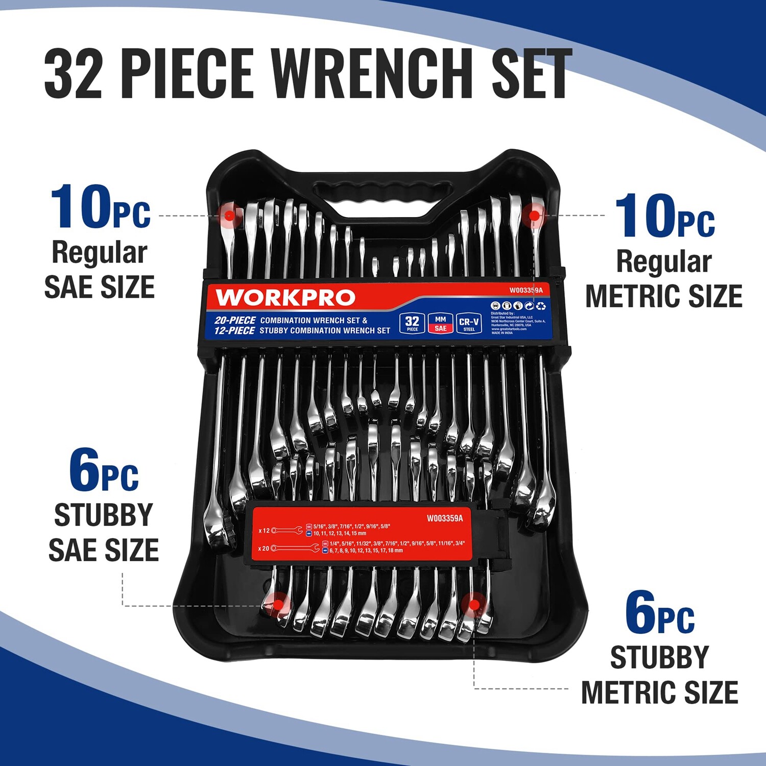 WORKPRO 32PC SAE&Metric Combination Wrench Set 12 PT Regular Wrenches set w/Tray