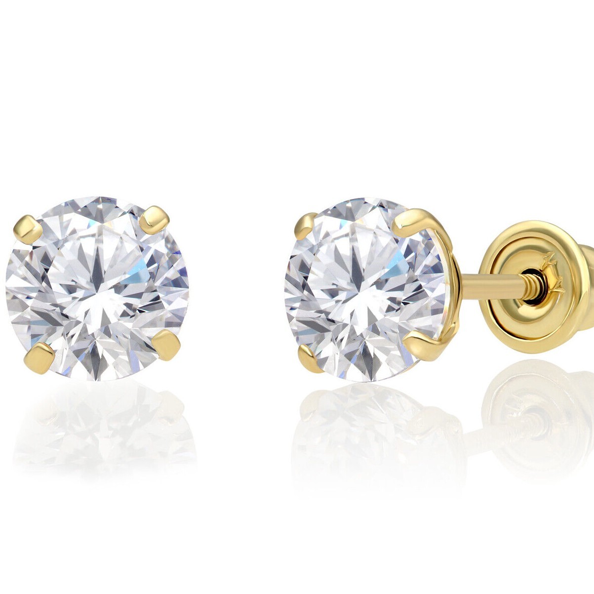 14K Solid Yellow Gold Solitaire Round CZ Sleeper Stud Earrings Screwback 2mm-8mm