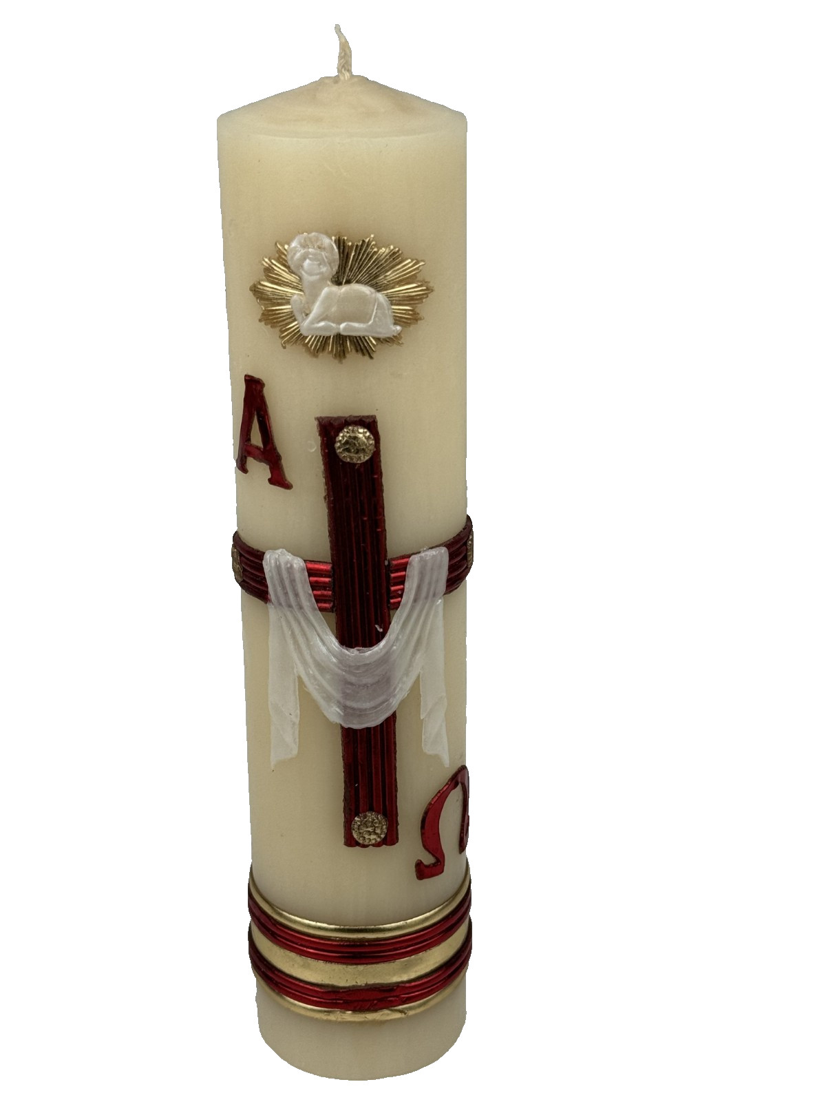 Cirio Pascual 8"x2" Cera Alfa Omega &Cruz Roja Paschal Candle Easter Lent 706MAT