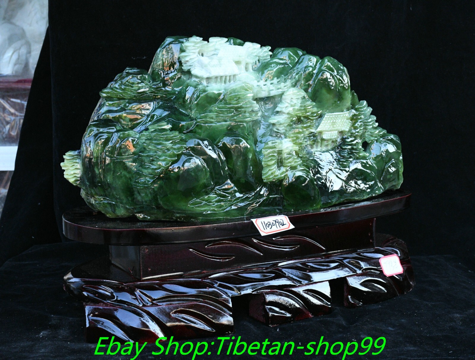 17.3'' Natural Xiu Green Jade Carving Mountain Tree House Shanzi Sculpture