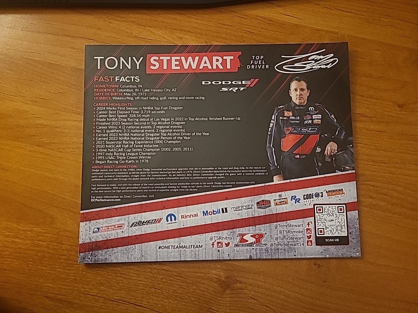 2024 Tony Stewart NHRA Hero Card Autographed Signed