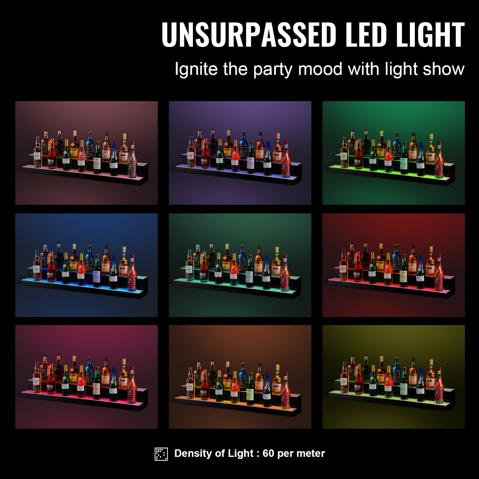 48" 2-Step LED Lighted Liquor Bottle Display Bar Shelf RF& App Control