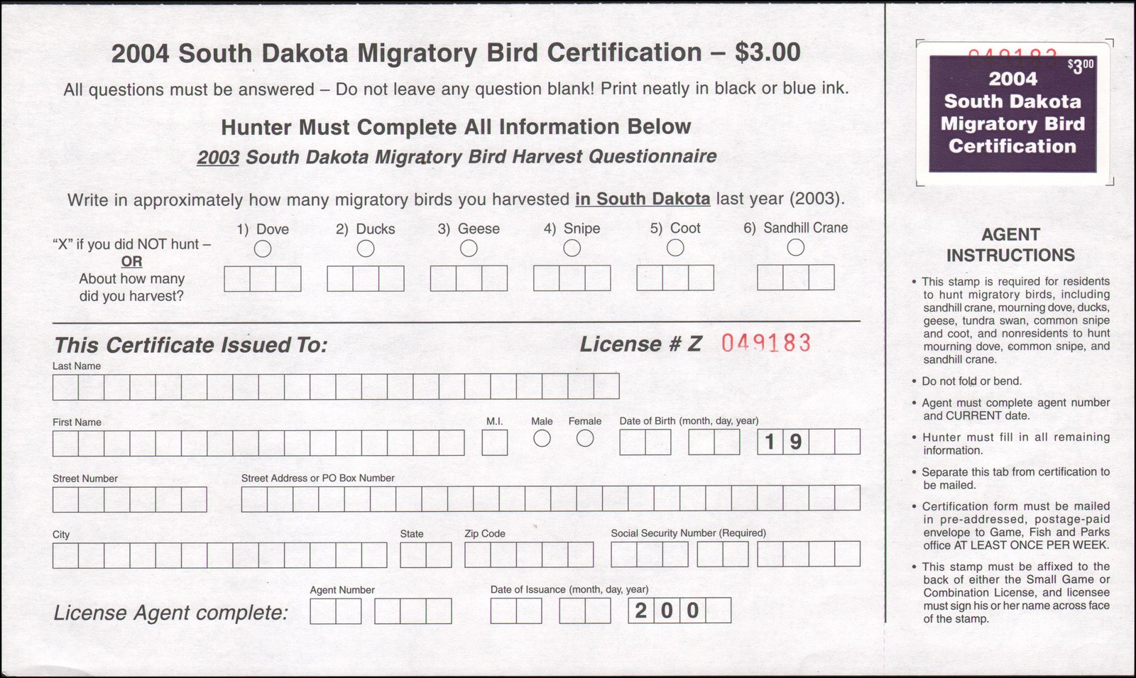 US state revenue-South Dakota MNH 2004 duck stamp with certification