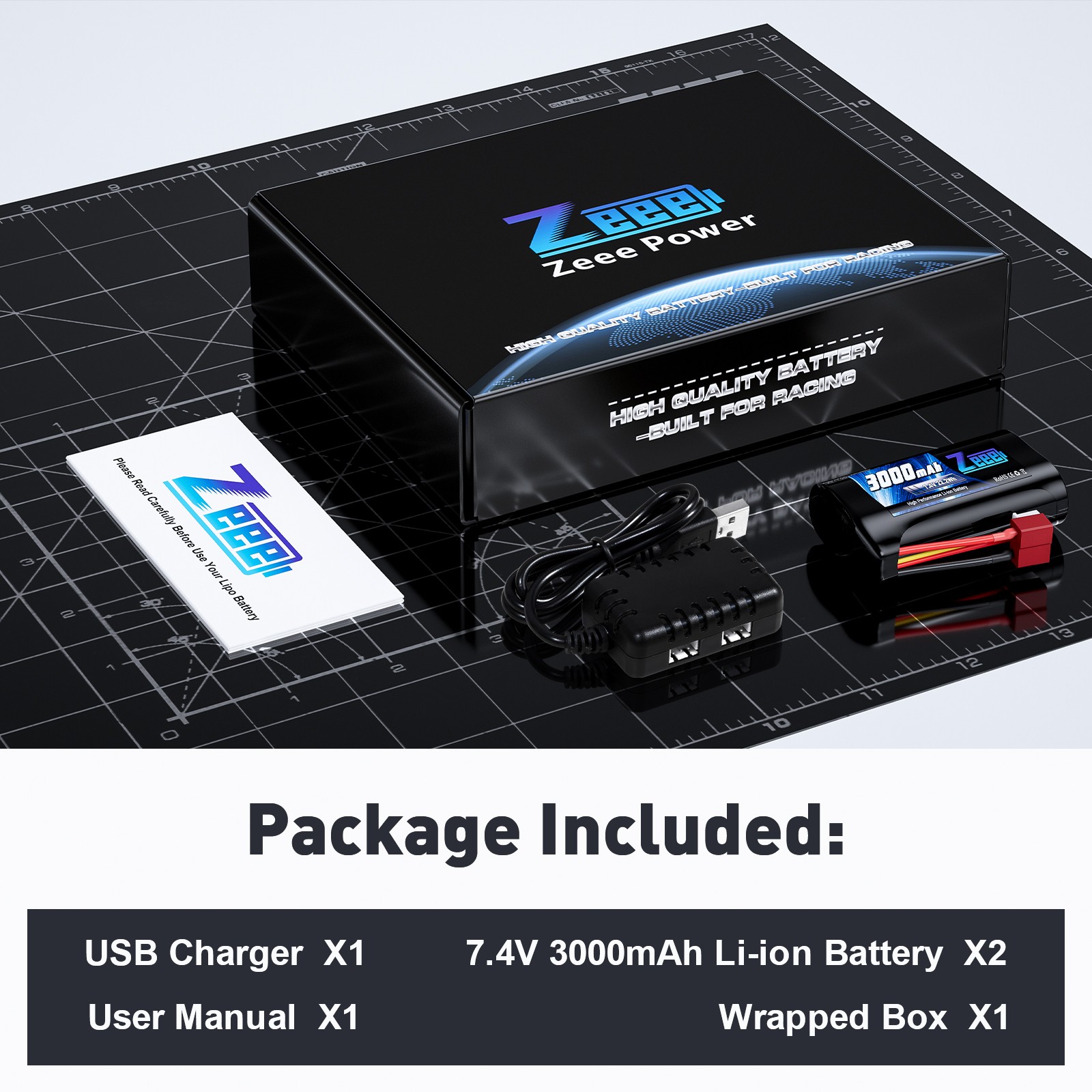 2x Zeee 7.4V 2S Li-ion Battery 3000mAh with T Connector USB Charger