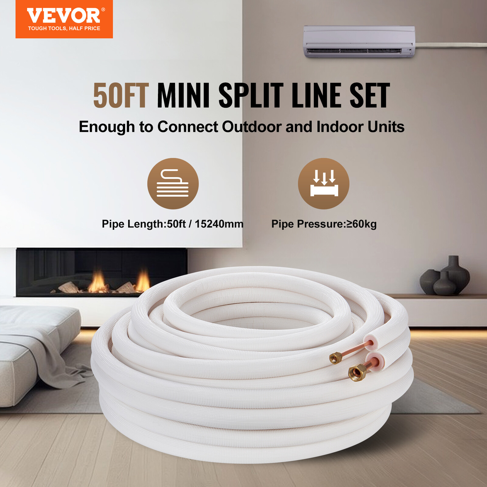 VEVOR Ductless Mini Split Line Set 1/4''x1/2''x50ft Insulated Copper Tubing AC