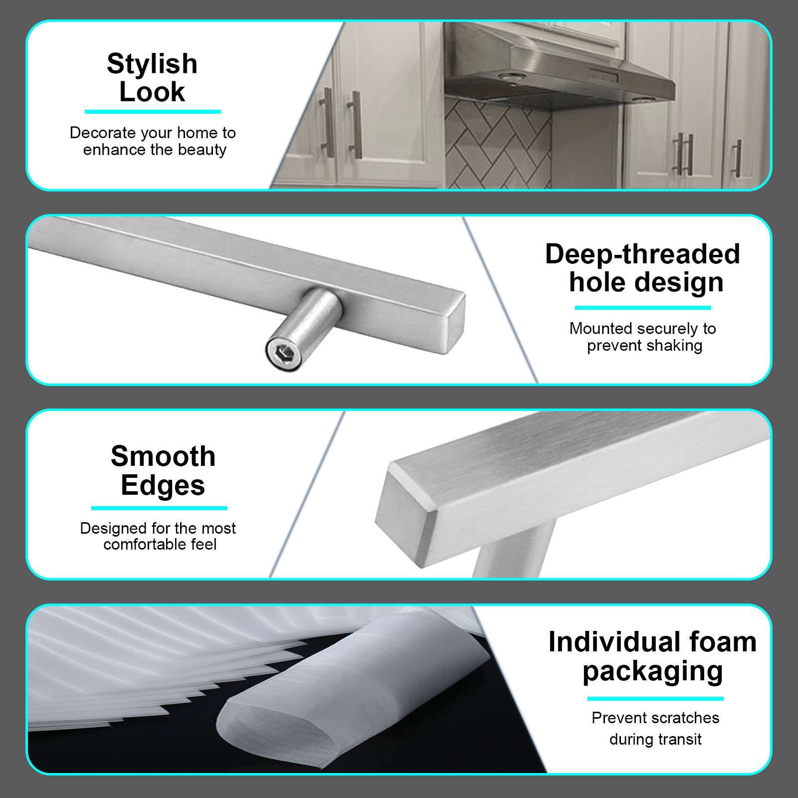 Brushed Nickel Square Modern Cabinet Handles Pulls Knobs Kitchen Stainless Steel