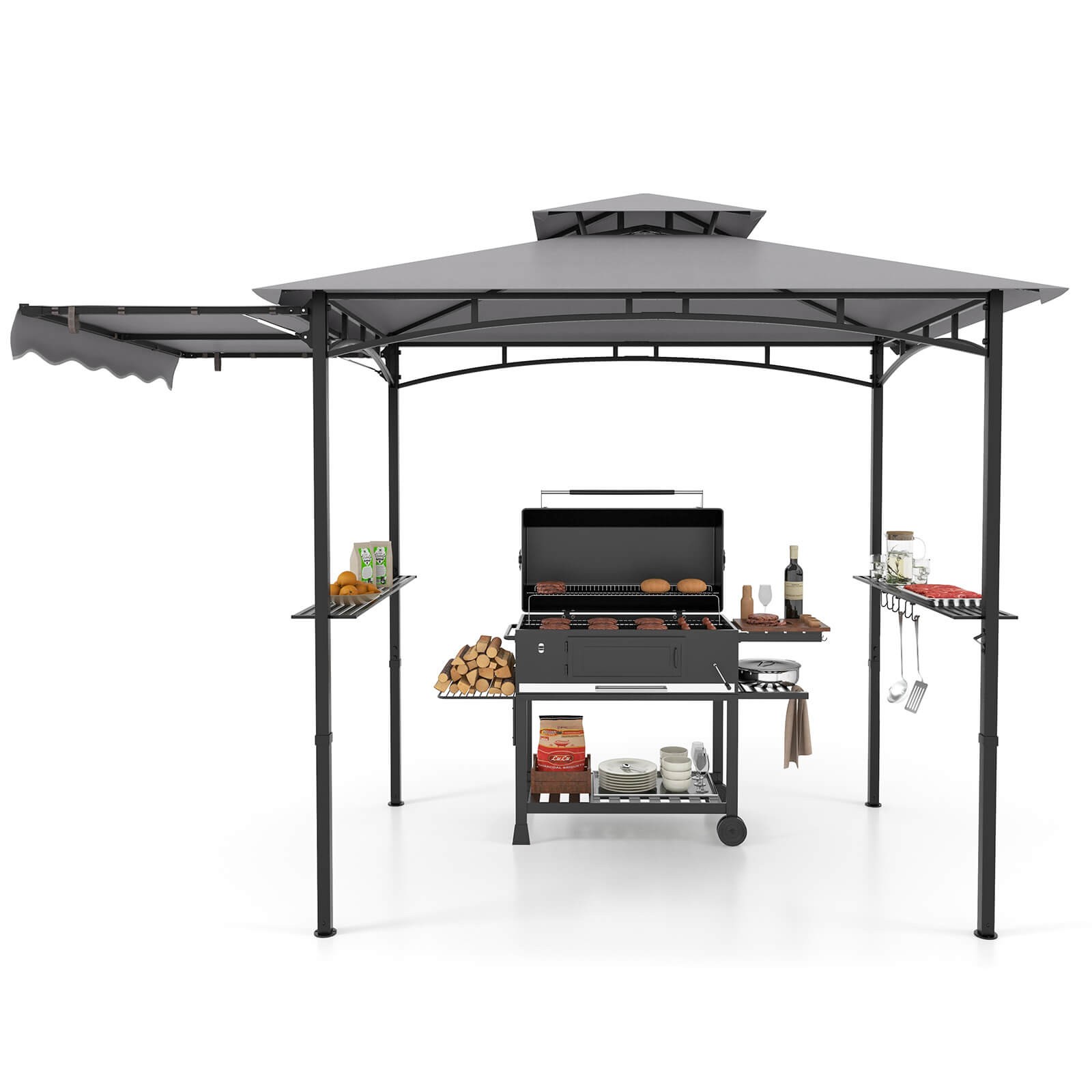 11 x 5 FT Grill BBQ Gazebo w/ Side Awning Double-Tiered Top 2 Side Shelves