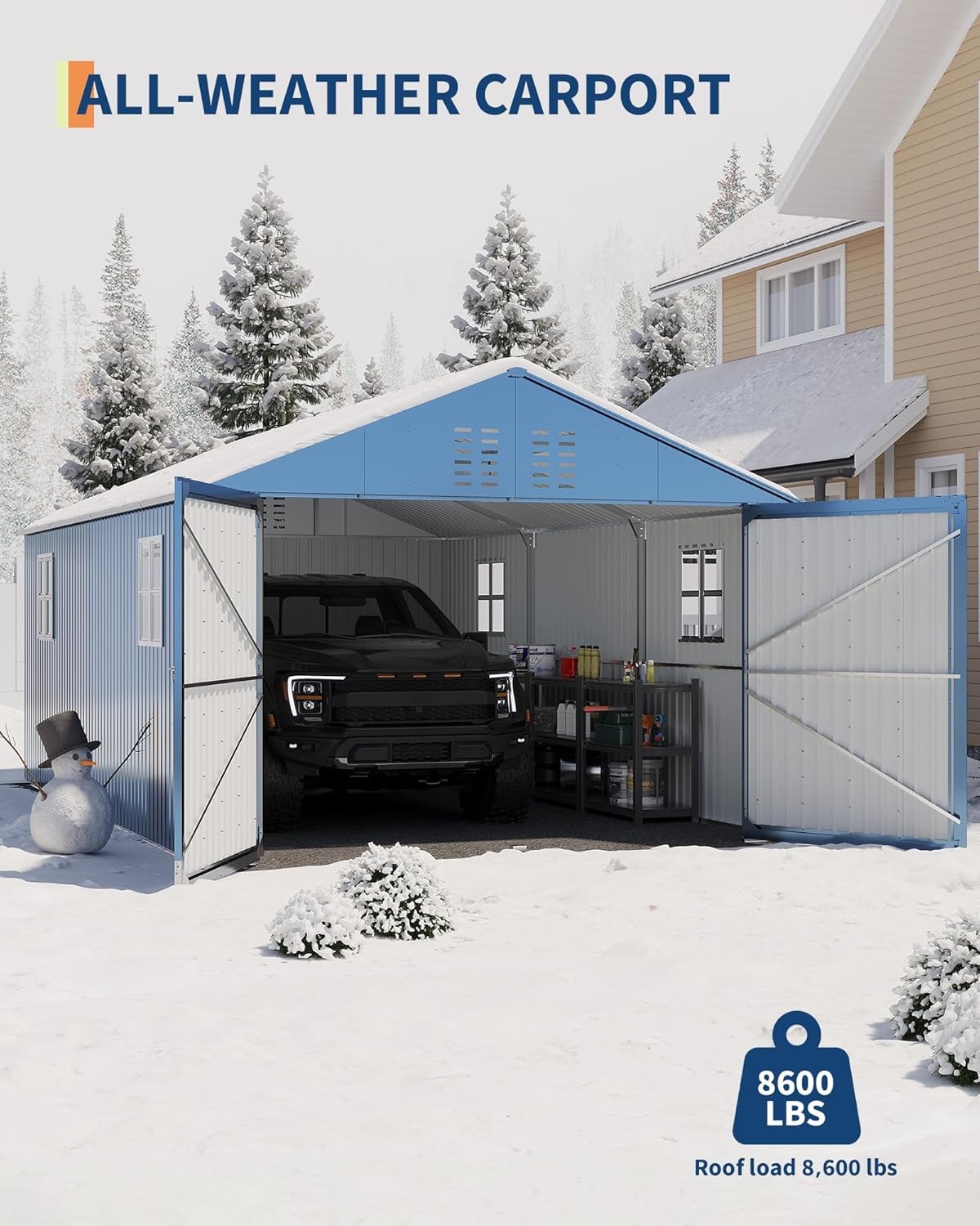 12X20 FT Metal Enclosed Carport Metal Garage Shed Heavy Duty Galvanized Steel