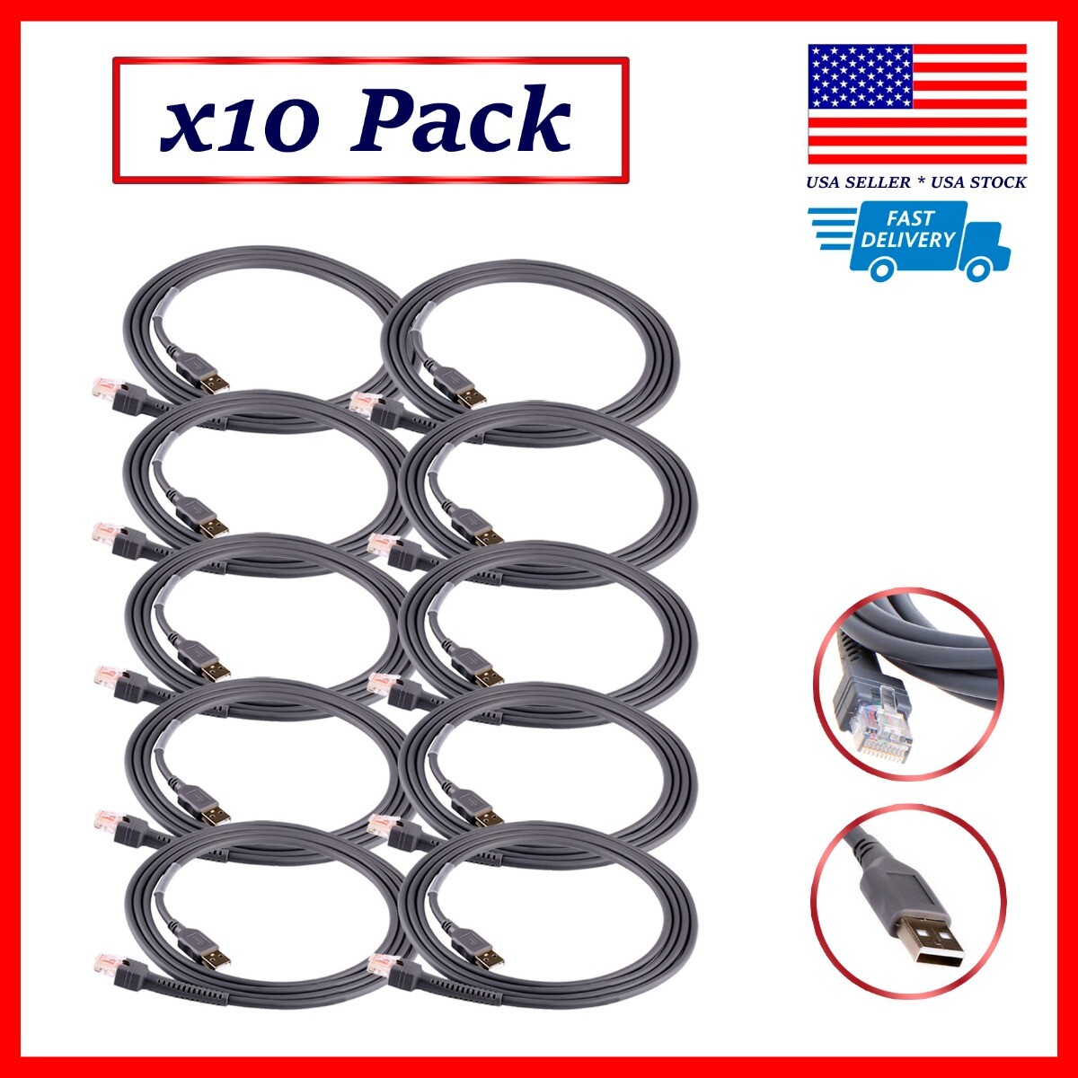 10 Pack ✅ USB cable for Symbol Motorola Barcode Scanner 7FT 2M ✅ Fast Shipping