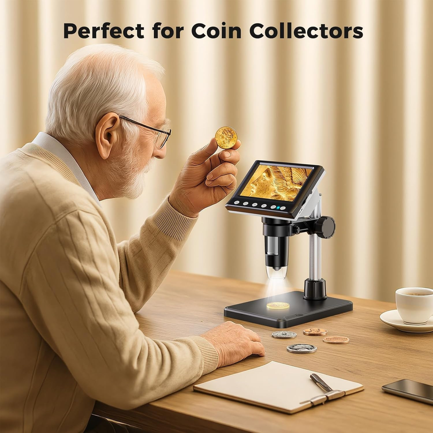 4.3 Inch LCD Digital Coin Microscope, 1000X USB Magnifier with 8 Adjustable LED