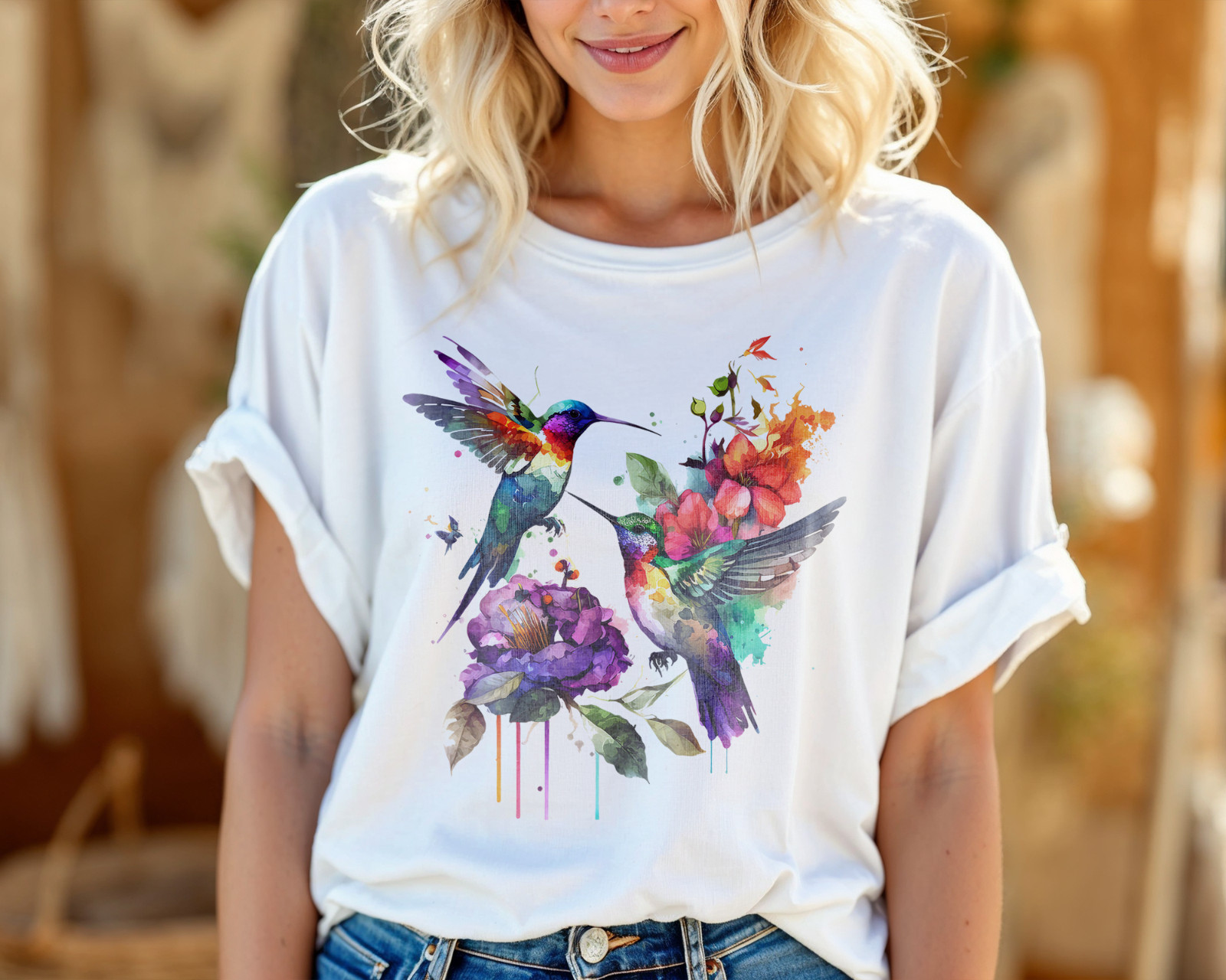 Watercolor Hummingbird Shirt – Colorful Floral Bird Art Tee A448