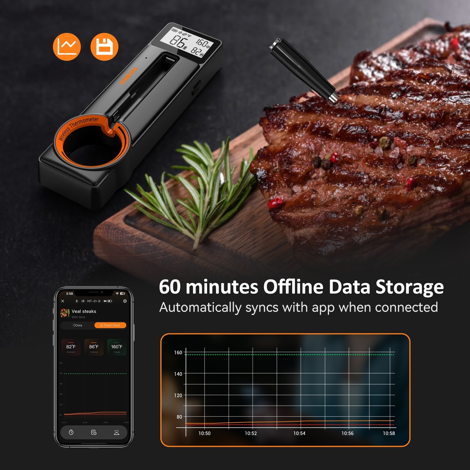 Inkbird Wireless Cooking Meat Thermometer 60min Data Storage 25min Rechargeable