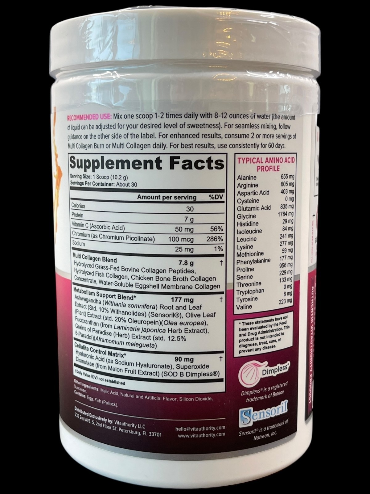 Vitauthority Multi Collagen Burn Cellulite Metabolism Peptides Tropical Punch 30