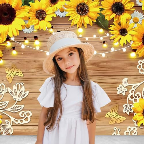 Yongqian 7x5ft Rustic Sunflower Photography Backdrop Farmhouse Floral Wooden