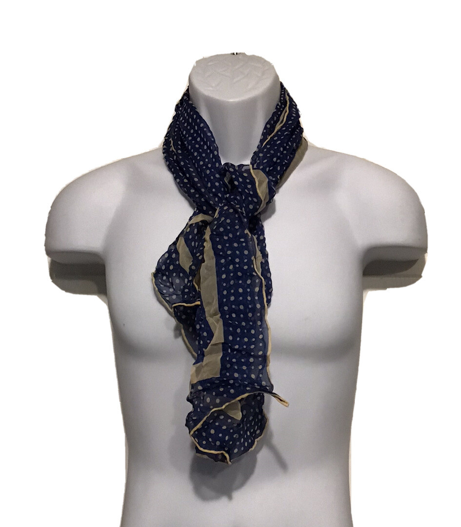 Fashion Scarf Polyester Sheer Blue with Beige Polka Dots 38”x14” Vintage 1960s