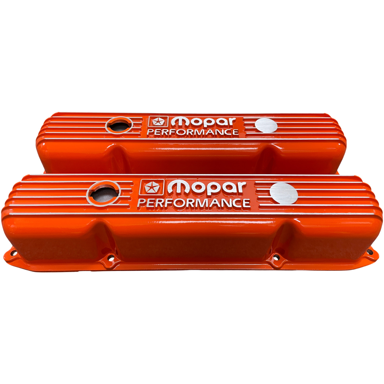 NOS Mopar 383 400 440 ORANGE Die-Cast Aluminum Valve Covers W/ Logo Breathers