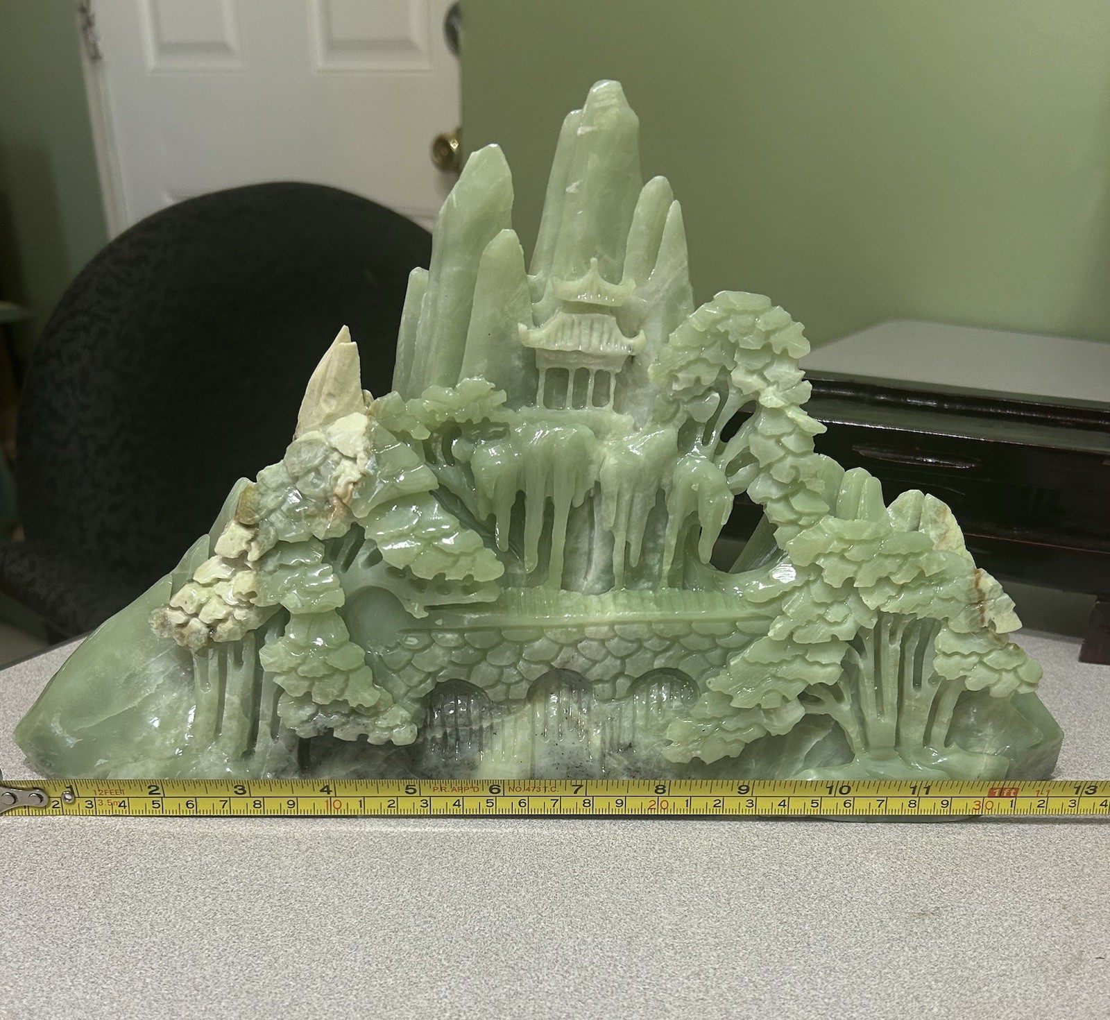 7.3LB Natural Green Jade Stone Hand Craved Landscape Crystal